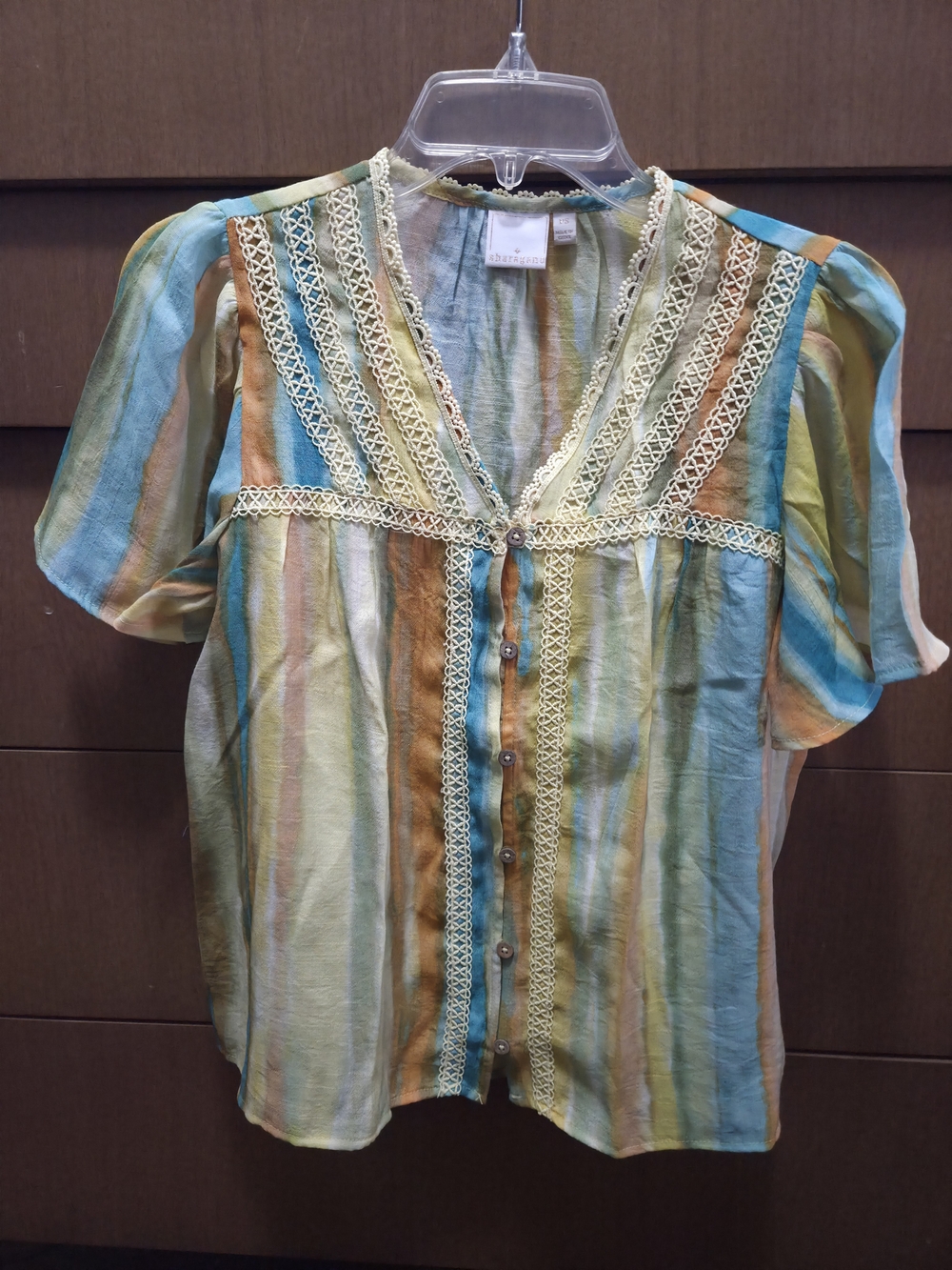 Sharagano Striped Pants And Lace-Trim Button Blouse in Teal, Gold, Cream